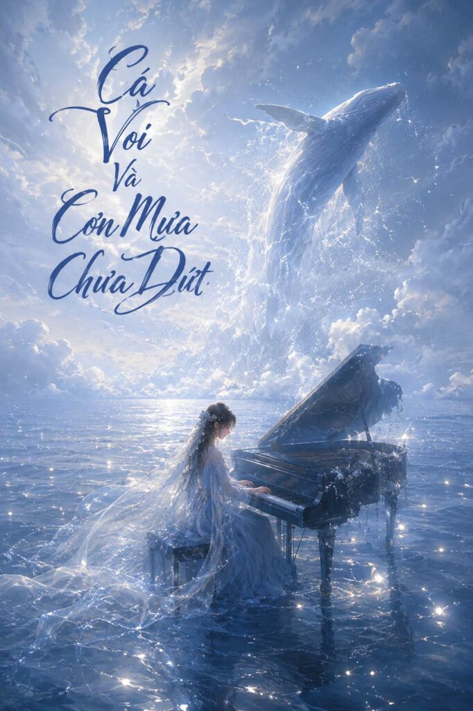 Cá voi và cơn mưa chưa dưt cô gái đánh đàn trên biển và có cá voi