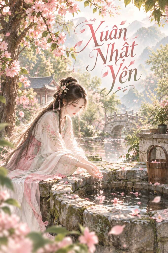 Xuân Nhật Yến Nhược Y ngồi bên giếng rửa những cánh hoa đào rụng